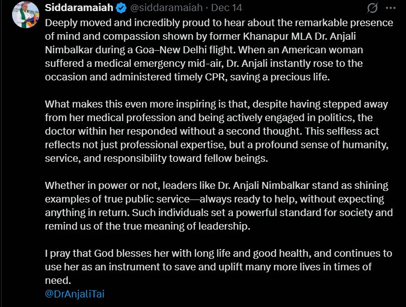 Chief minister Siddaramaiah's social media post