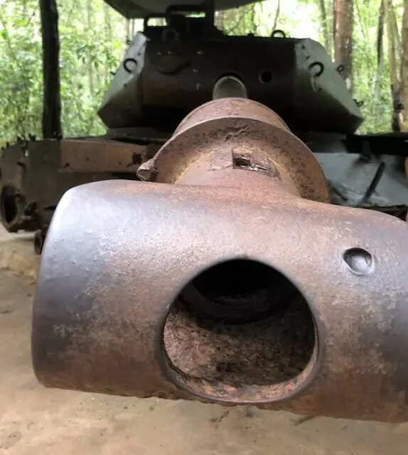 Remnants of an American M41 tank that was destroyed by Viet Cong during the Vietnam War, on display outside Cu Chi Tunnels.