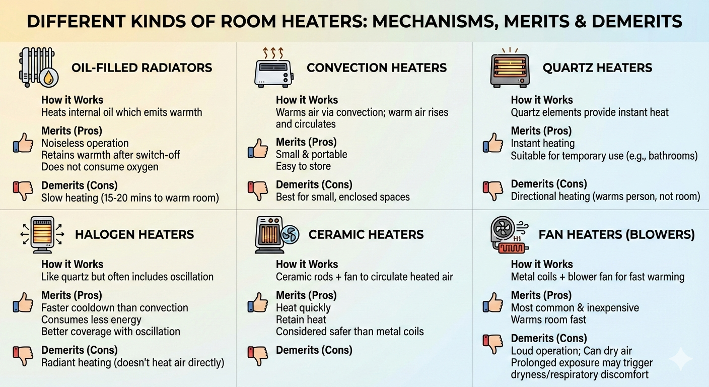Different kinds of room heaters<br><br>