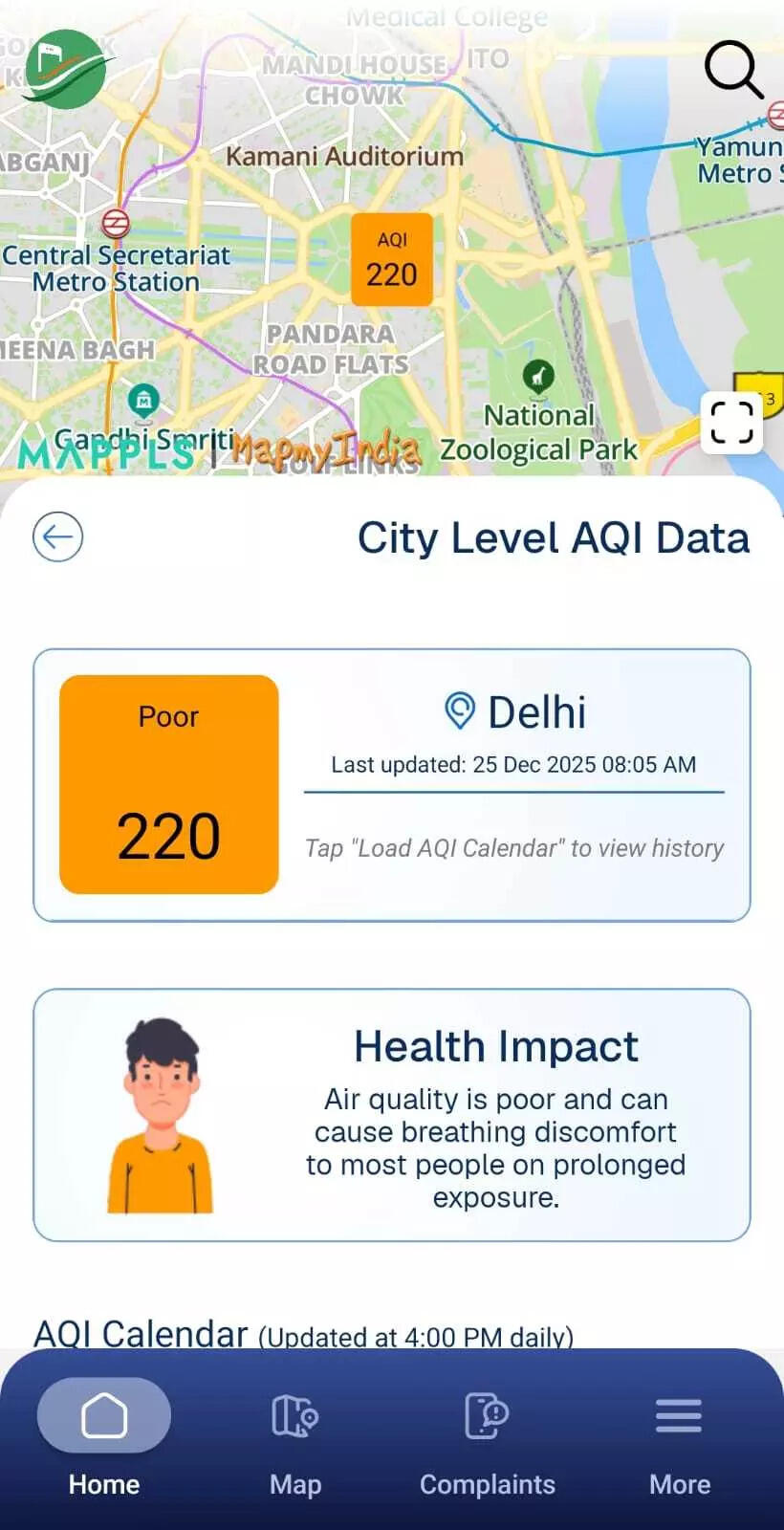 A screenshot from the Sameer App, which provides AQI information from all monitoring stations across the city, shows Delhi AQI at 220 at 8.55am.