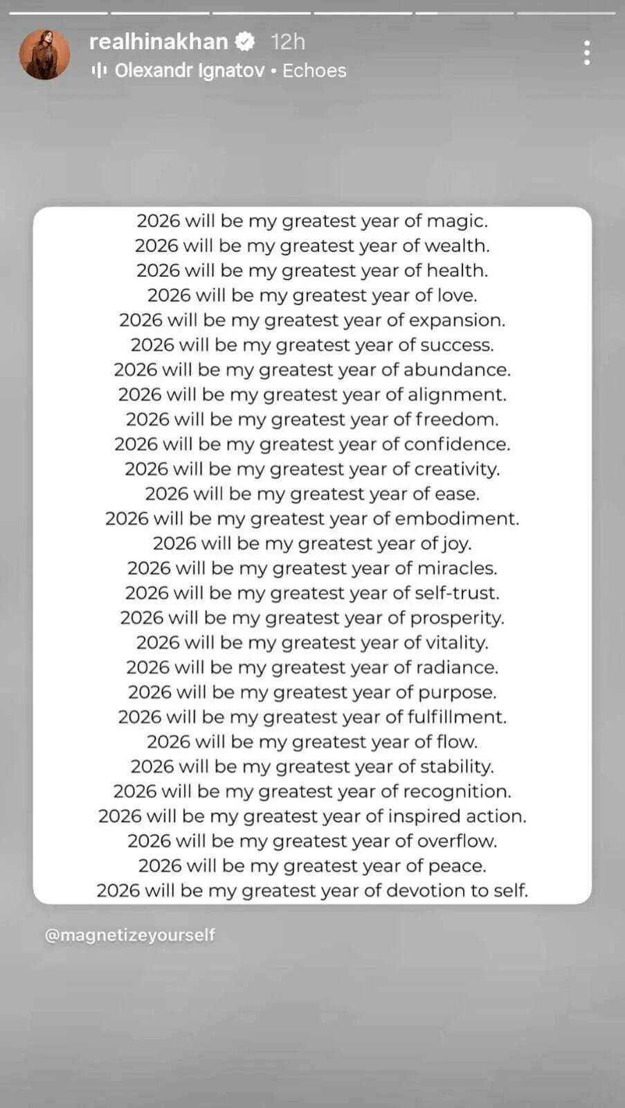 Hina Khan's post on affirmations for 2026