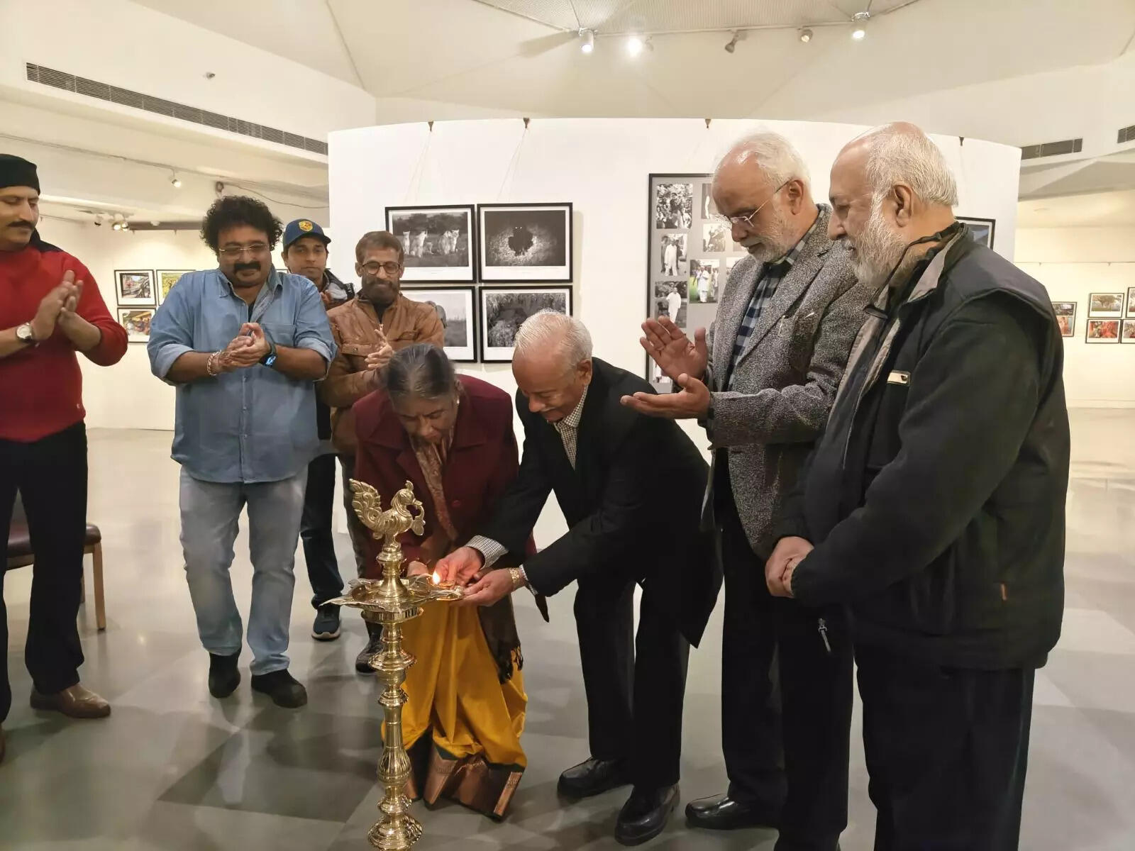 Veteran photojournalists V Rajagopal, SN Sinha and Sondeep Shankar at the inauguration