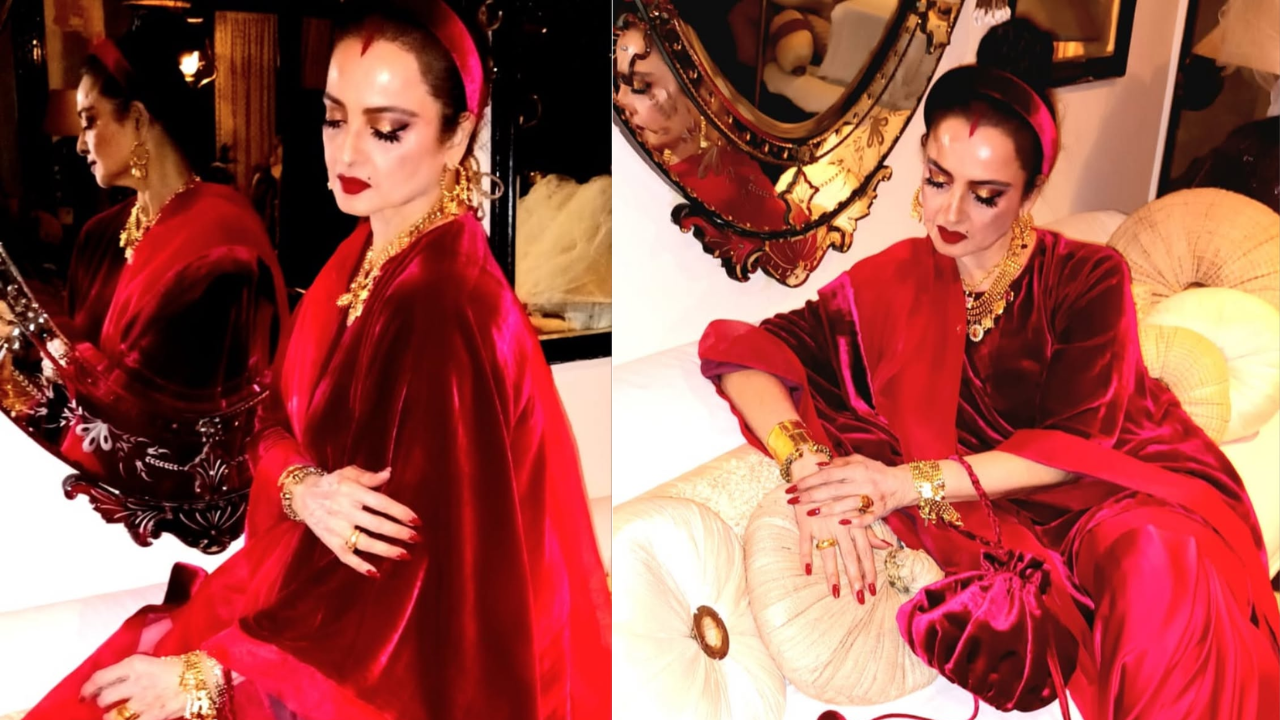 Rekha, in an all-red Manish Malhotra saree
