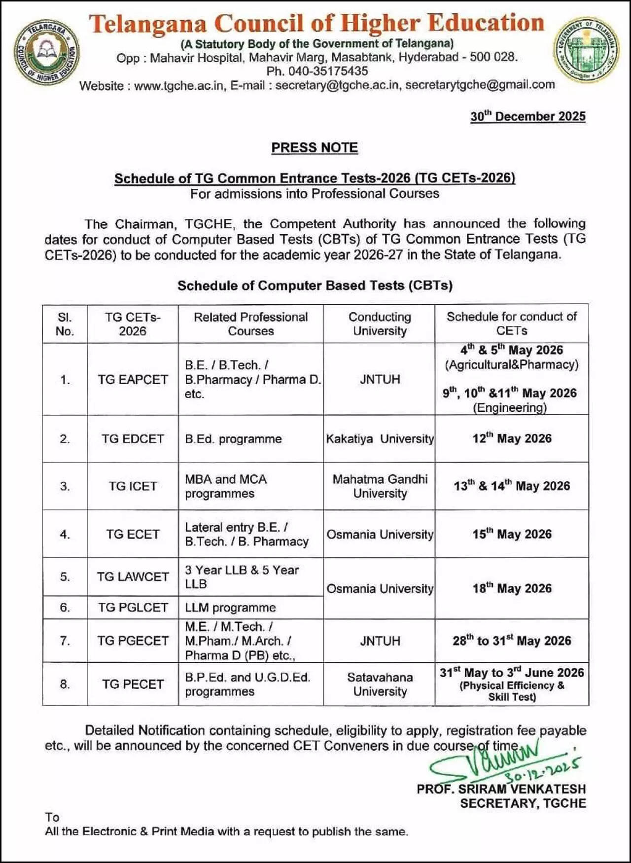 TGCHE announces TG CETs-2026 schedule