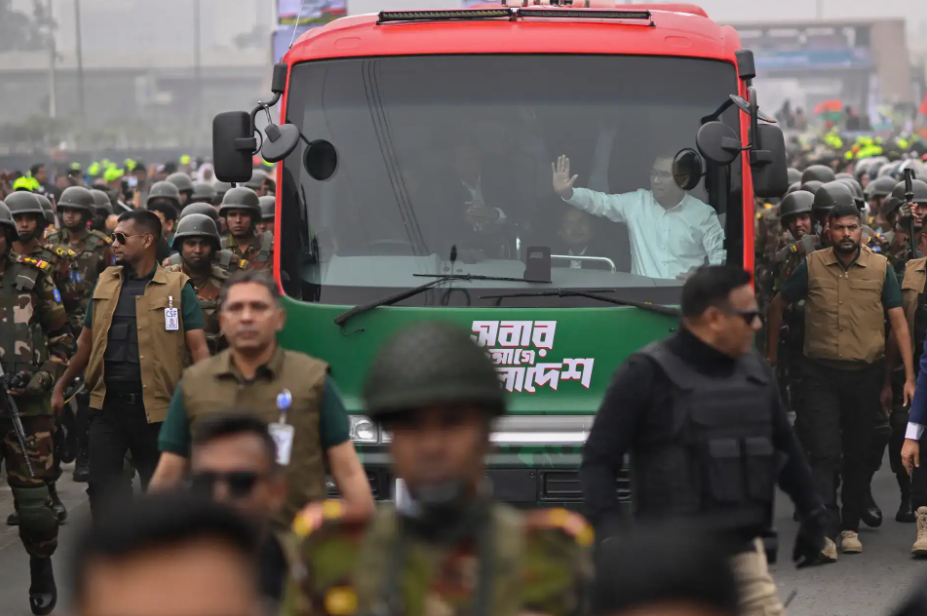 Tarique Rahman in his bulletproof bus in Dhaka
