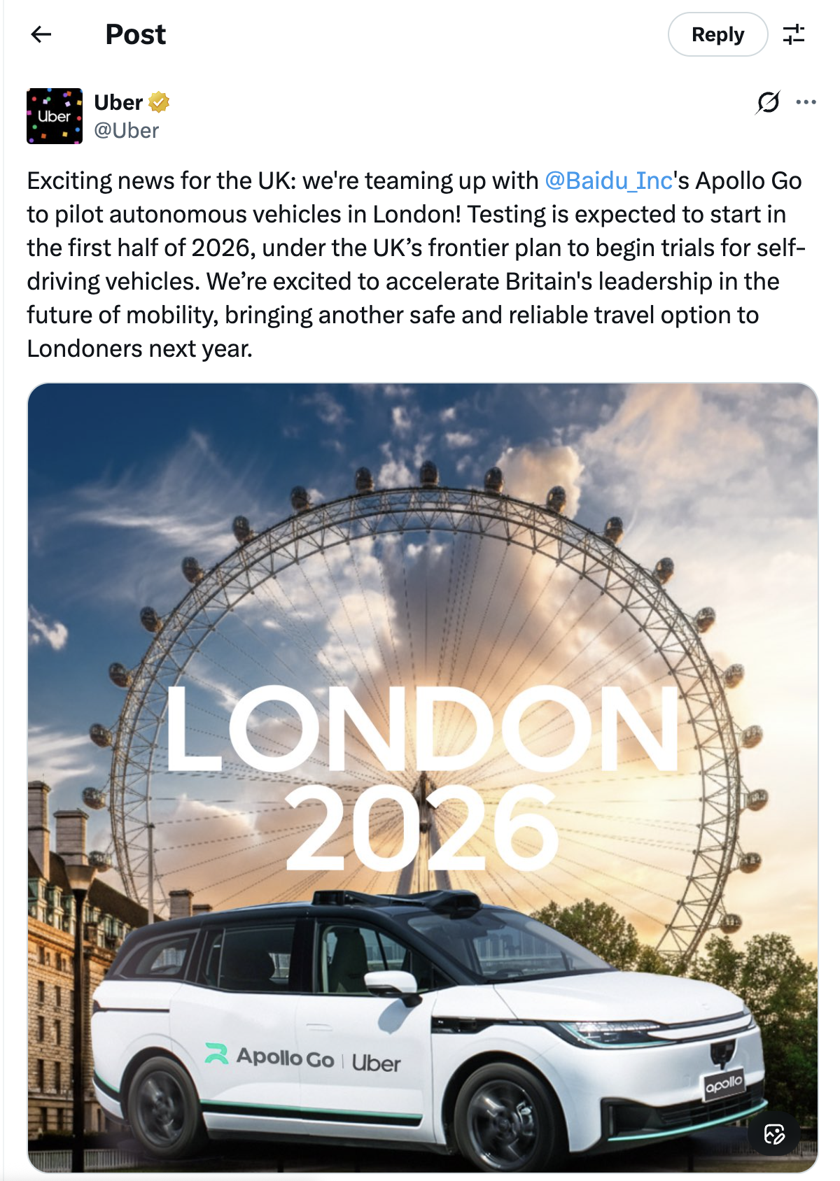 Uber London robotaxi 2026