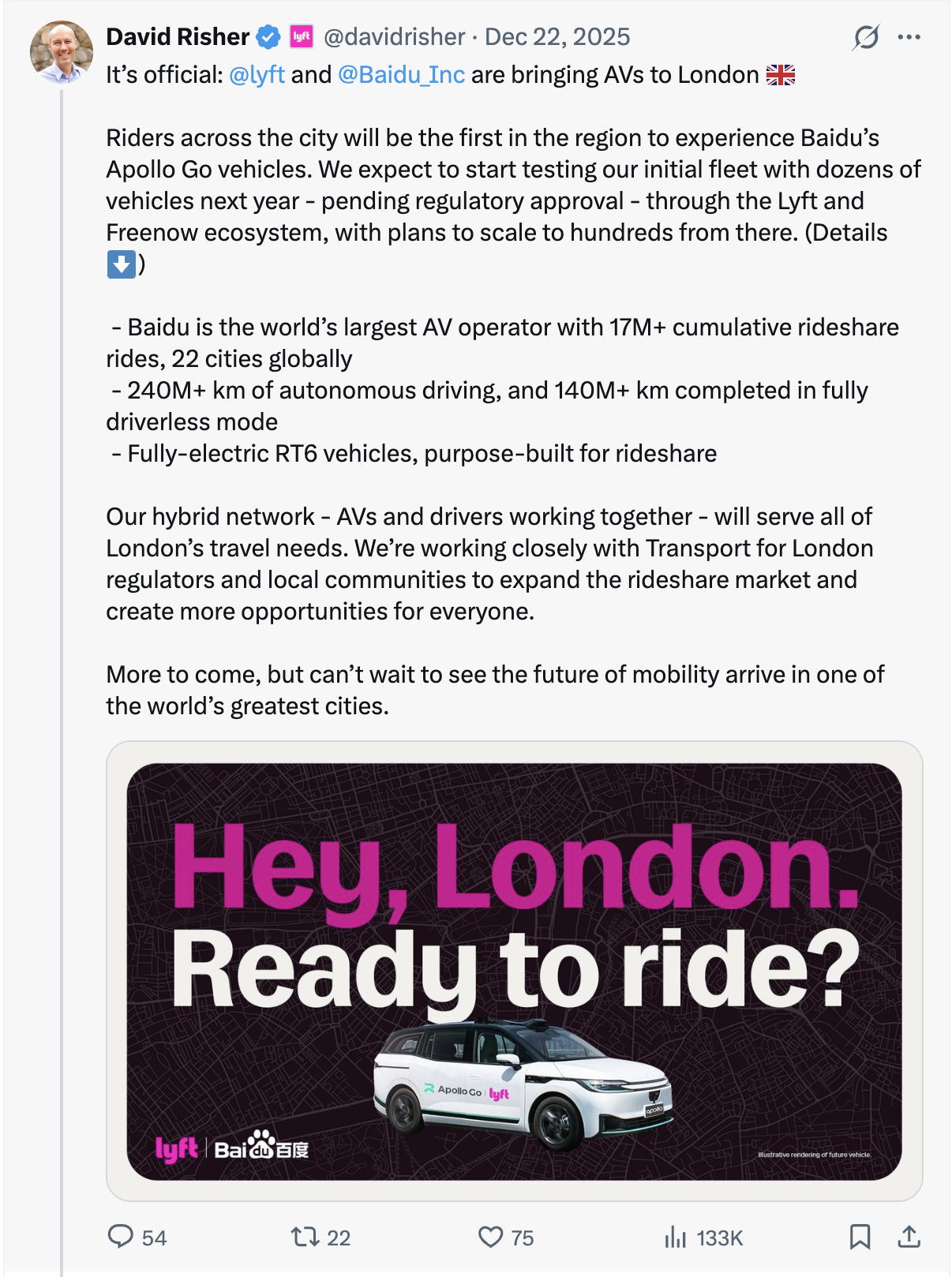 Lyft Baidu London Robotaxi