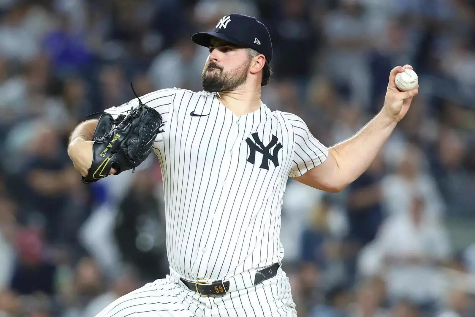 New York Yankees starting pitcher Carlos Rodon (55) pitches against the Toronto Blue Jays