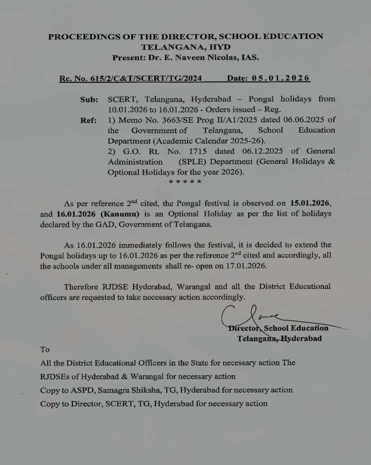 Telangana school closure: Sankranti 2026 holidays extended till this date; check official notice 3 Official notice
