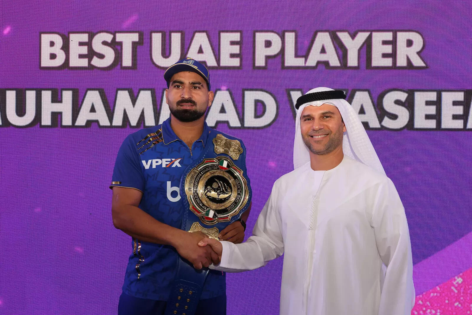 For the fourth consecutive season, the Blue Belt for Best UAE Player went to Muhammad Waseem. (ILT20) Blue Belt winner Muhammad Waseem of the MI Emirates