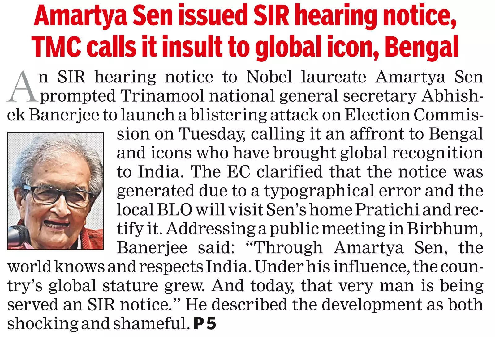 EC officials deliver SIR notice to Amartya home