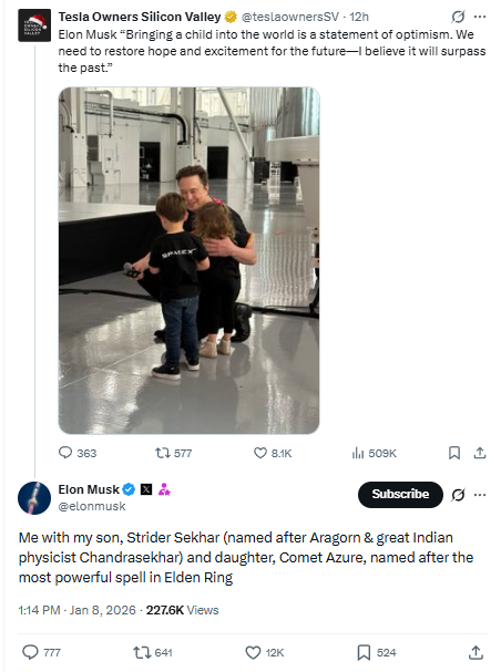 ​Elon Musk's comment about his twins' names goes viral