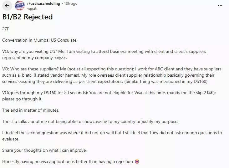 Redditor shares experience of B1/B2 visa rejection at Mumbai consulate.