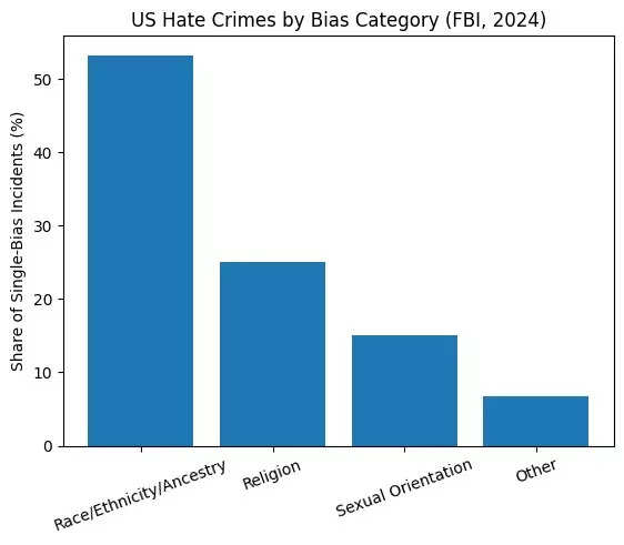 ​Race- and ethnicity-based bias remains the dominant motivation behind US hate crimes, according to FBI Hate Crime Statistics (2024)​.​
