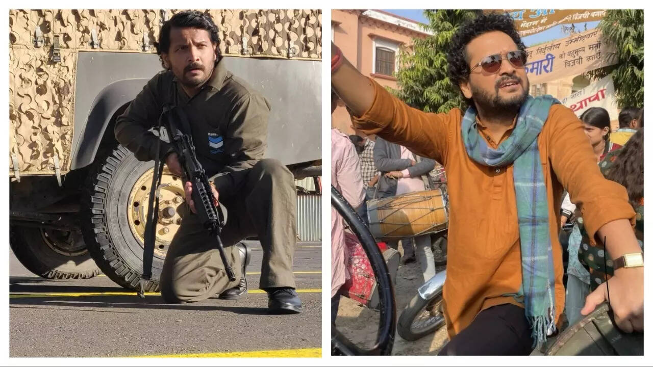 Jatin in a still from Bell Bottom and (right) from Ajey
