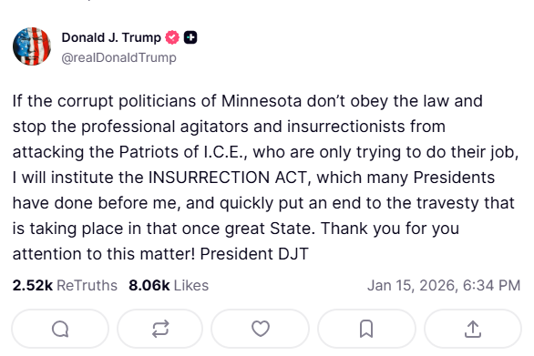 Il post di Trump su Truth Social