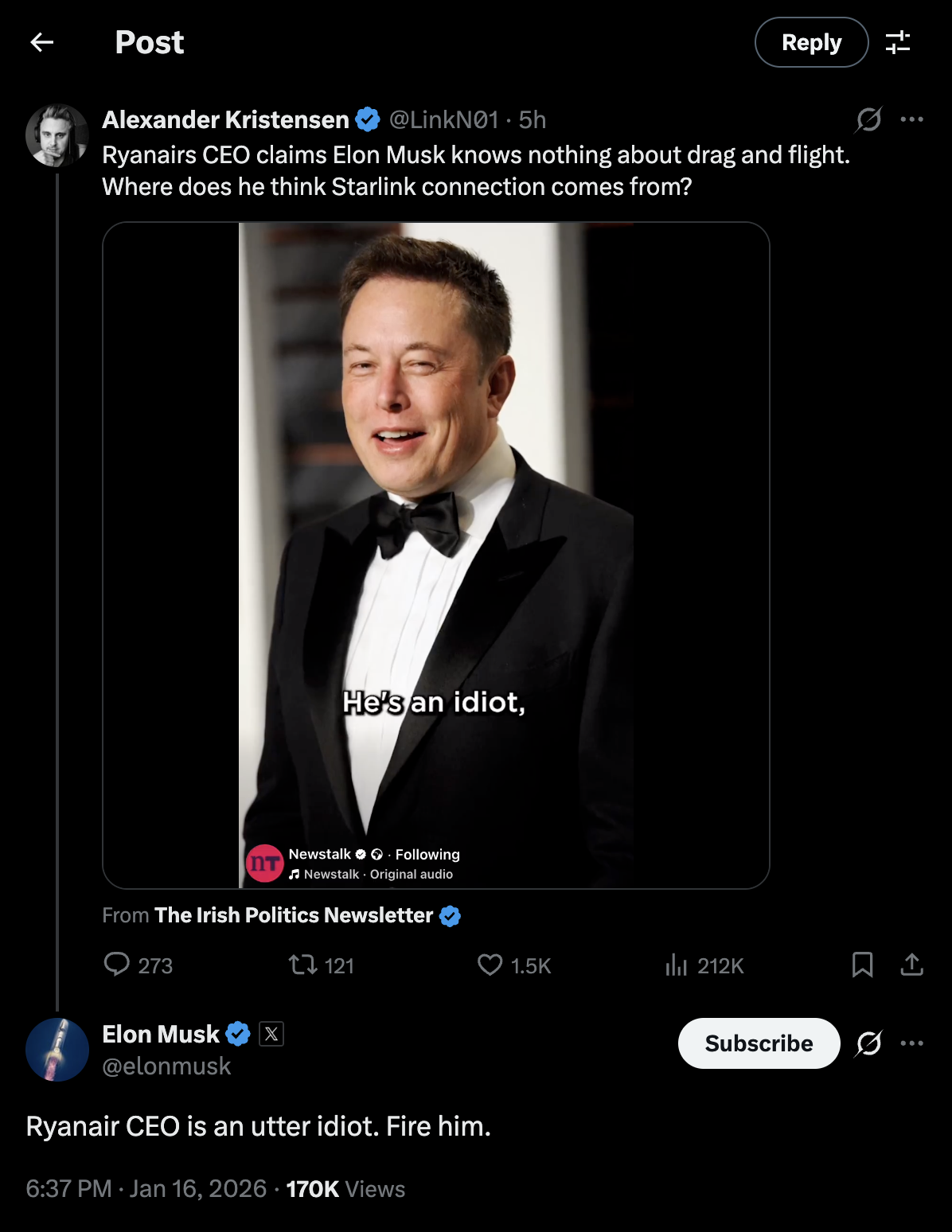 Elon Musk replies to Ryanair CEO's 'idiot' remarks