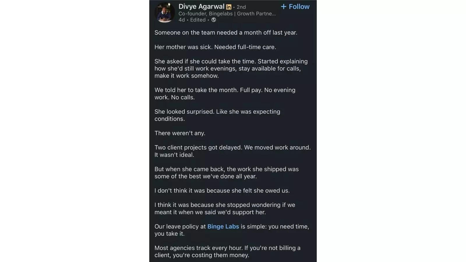“This is real leadership”: Delhi startup’s paid leave for employee caring for sick mother wins hearts