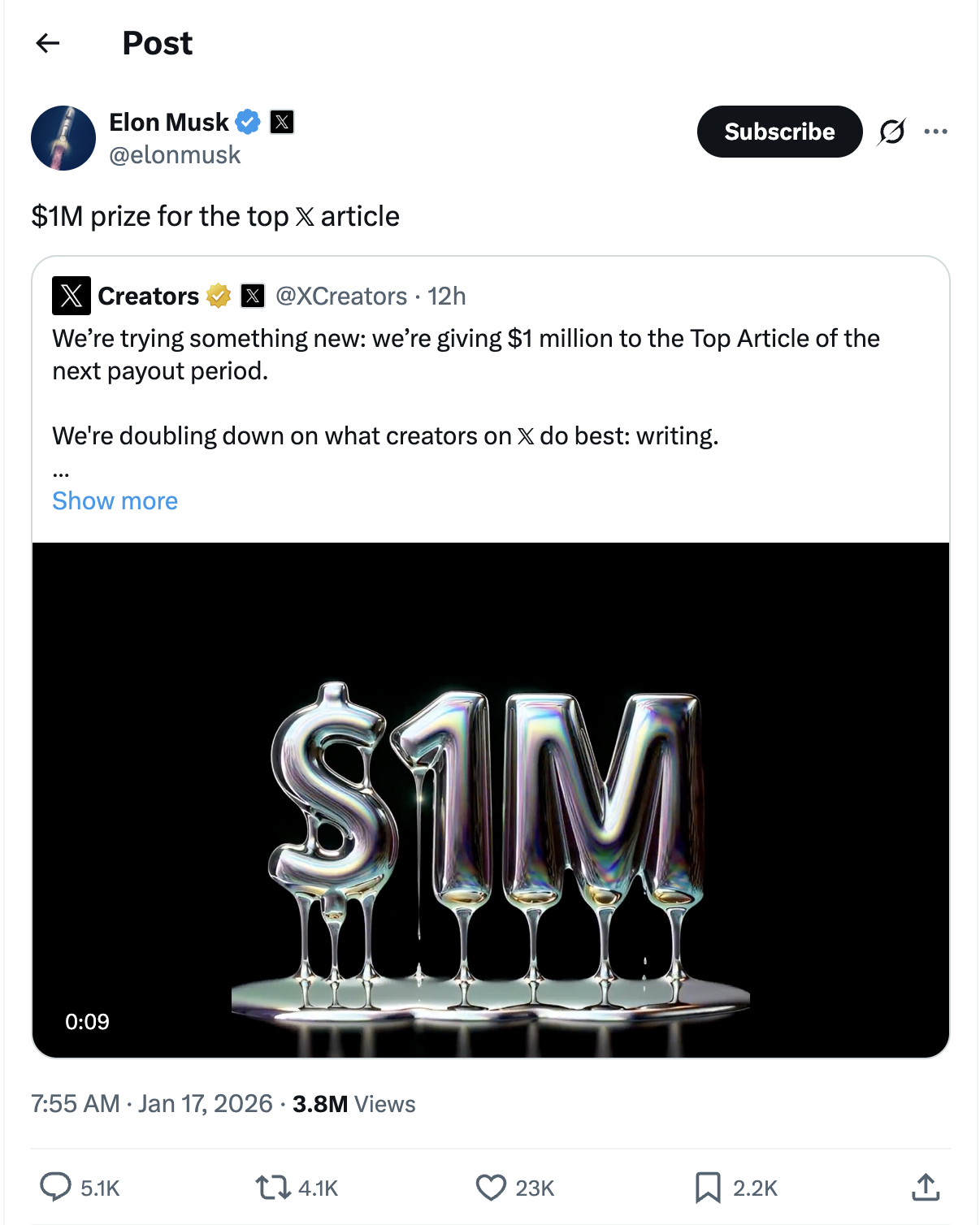 X $1 million prize announcement