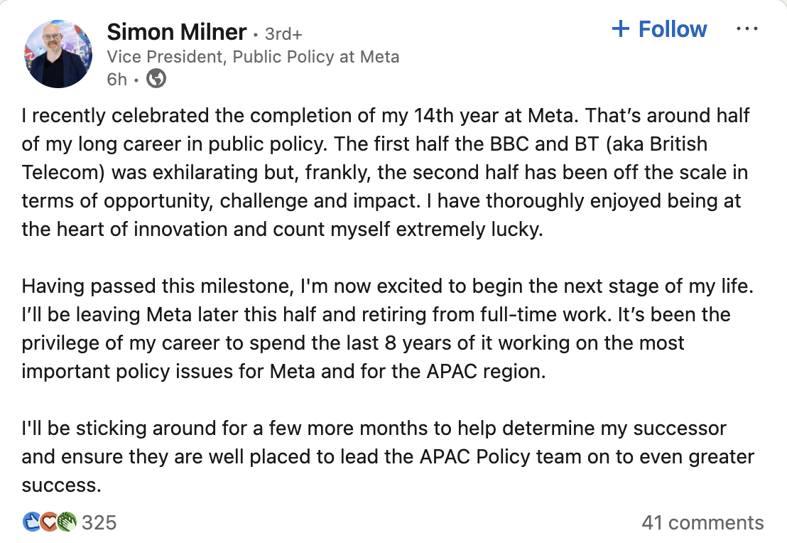 Meta’s Asia policy chief Simon Milner's farewell note on LinkedIn