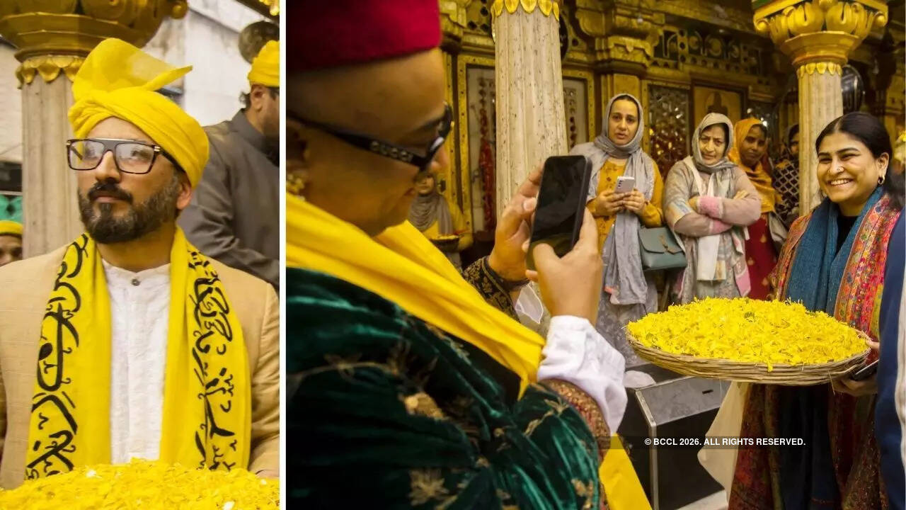 Syed Altamash Nizami (L), gaddi nashin or Joint Secretary of the dargah committee, Faraz Arif Ansari with Shreya (R ), an attendee celebrating Basant