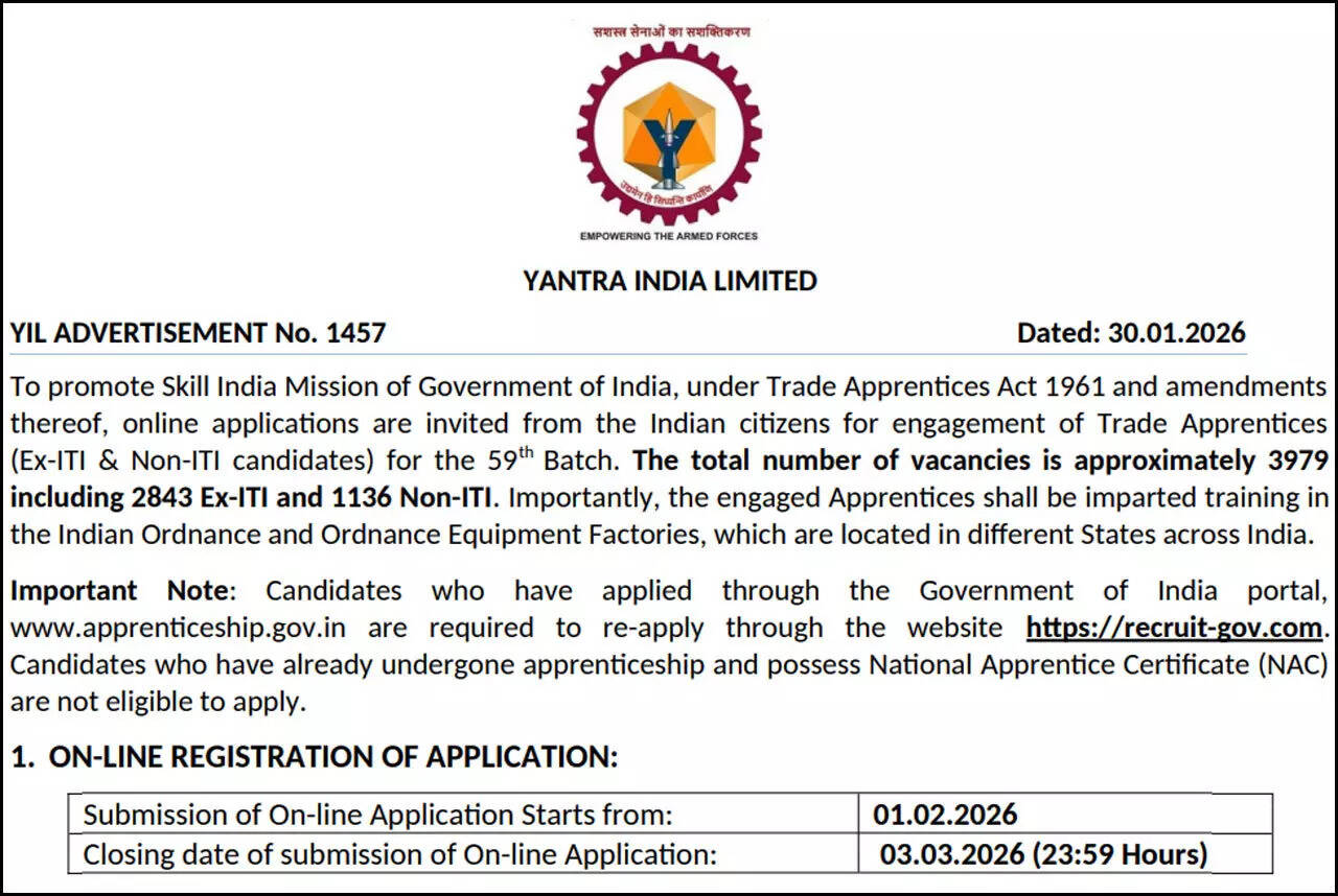 YIL apprentice recruitment 2026 announced for ITI and non ITI candidates