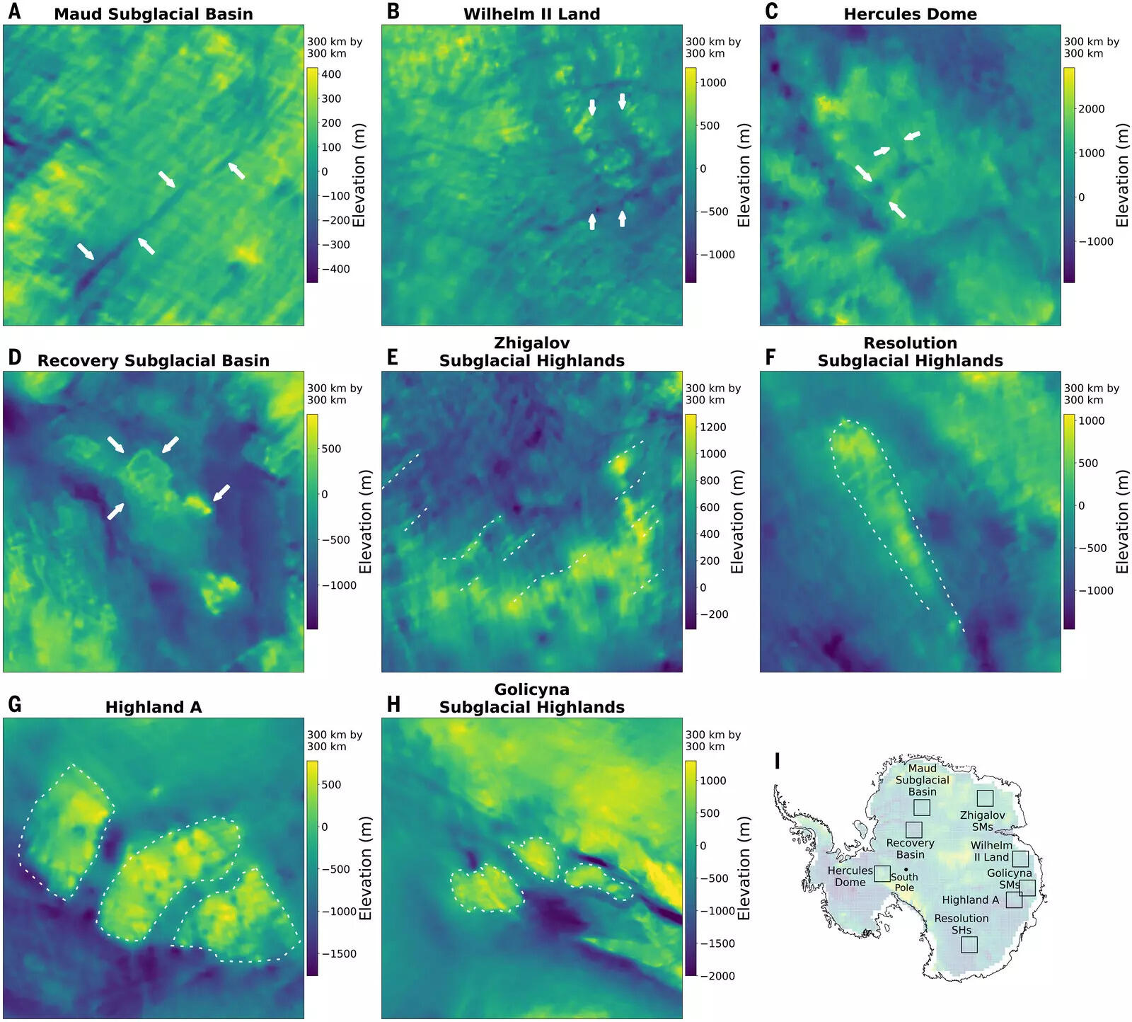 Selected examples of new IFPA subglacial topography. (A to C) Examples of channels incised into the subglacial substrate; (D and E) improved definition of subglacial topographic lineations likely related to tectonics; and (F to H) newly defined topography in subglacial highlands. Note that the panels vary in size from 100 × 100 km to 300 × 300 km. (I) Panel locations. Key linear features are annotated with white arrows and area features are outlined with dotted white lines. See supplementary figures for examples shown alongside topography from BedMachine Antarctica v3 (13) and Bedmap3 (8), as follows: Maud Subglacial Basin (fig. S16.11), Hercules Dome (fig S13.5), Recovery Subglacial Basin (fig. S16.12), Zhigalov Subglacial Highlands (figs. S24.28 and S28.36), Resolution Subglacial Highlands (fig. S22.23), Highland A (fig.S26.32), Golicyna Subglacial Highlands (fig. S27.34).