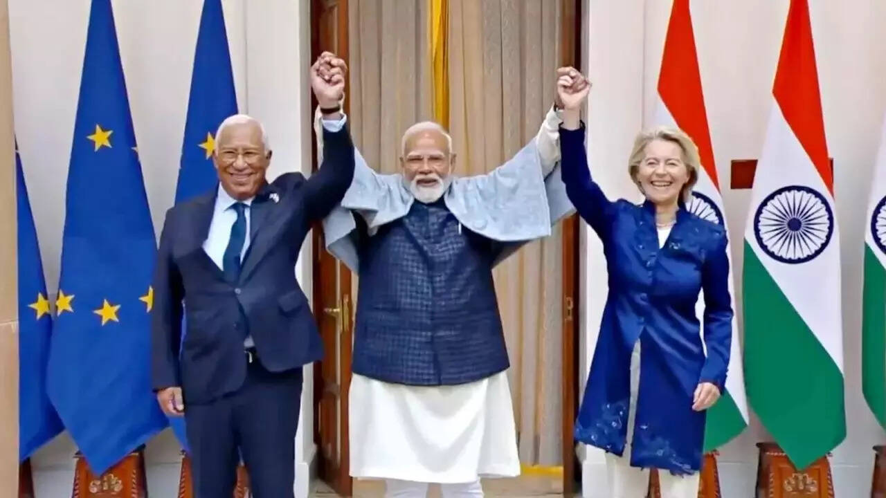 Antonio Costa, Narendra Modi, and Ursula von der Leyen India-EU FTA