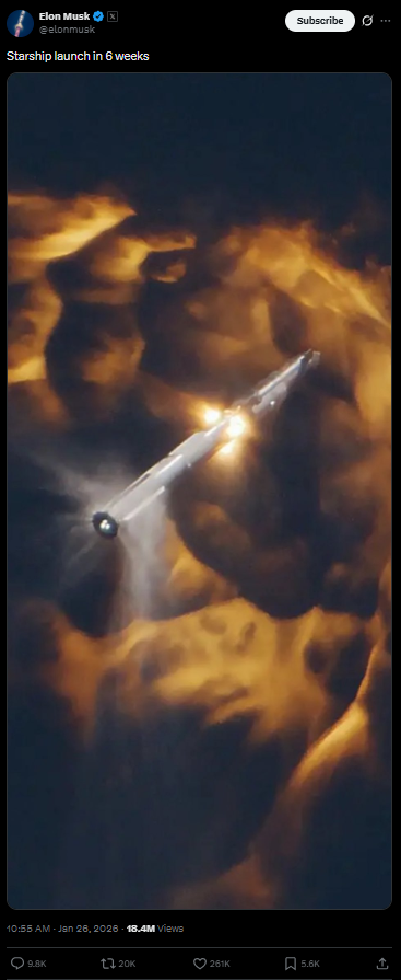 Image Source - X/ Elon Musk Elon Musk signals a possible March 2026 launch window