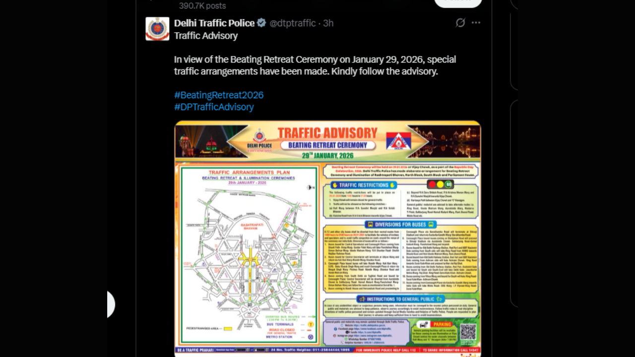 Delhi Traffic Police issues traffic advisory for Beating Retreat Ceremony on January 29; check which roads are closed, and bus diversions | 2 delhi traffic police