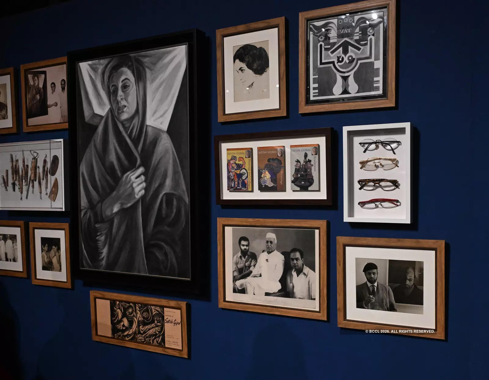 A section of the exhibition recreates Gujral’s studio, displaying his brushes, photographs and diary notes, turning the space into a living archive of his creative world A section of the exhibition recreates Gujral’s studio, displaying his brushes, photographs and diary notes, turning the space into a living archive of his creative world