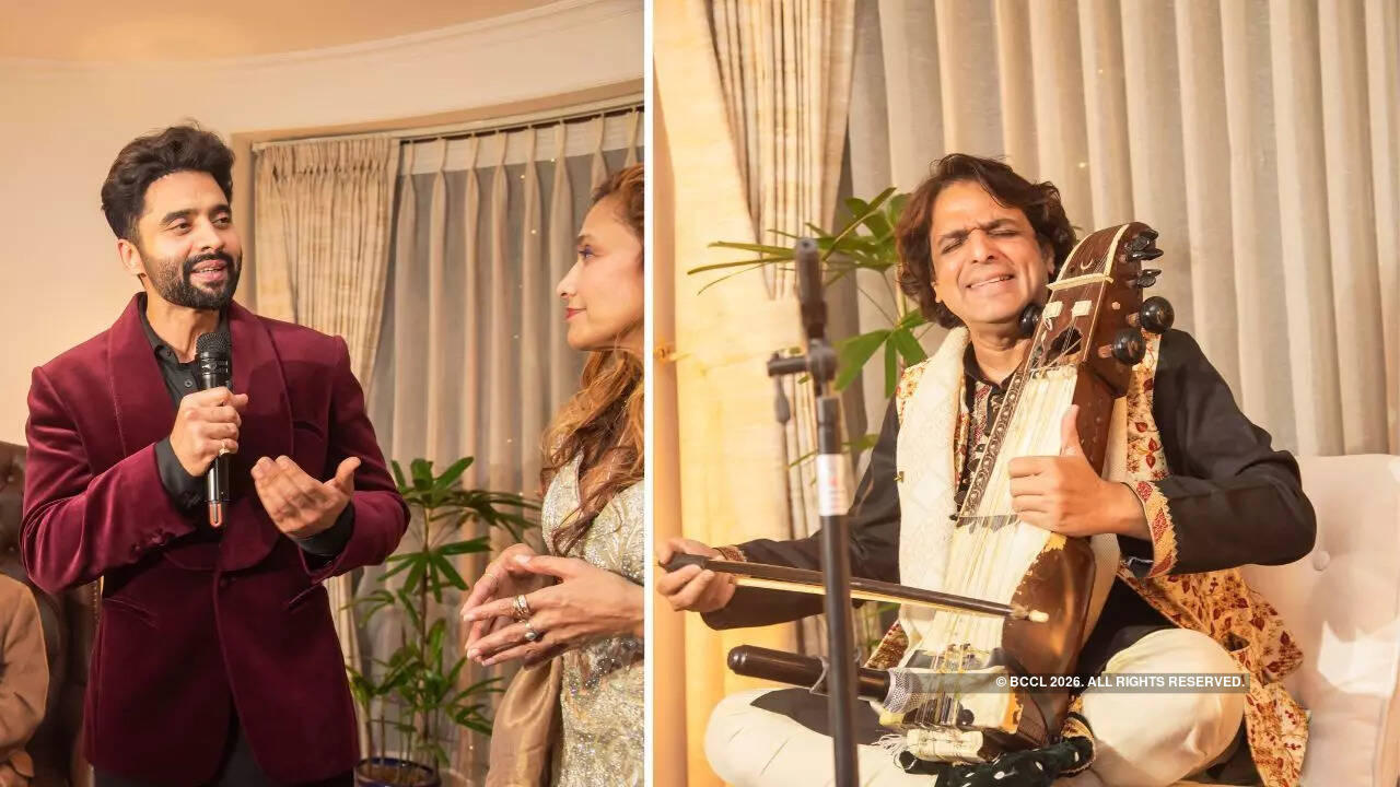 (L-R) Actor Jackky Bhagnani with Sanjaanaa Jon, sarangi maestro Ustad Kamal Sabri