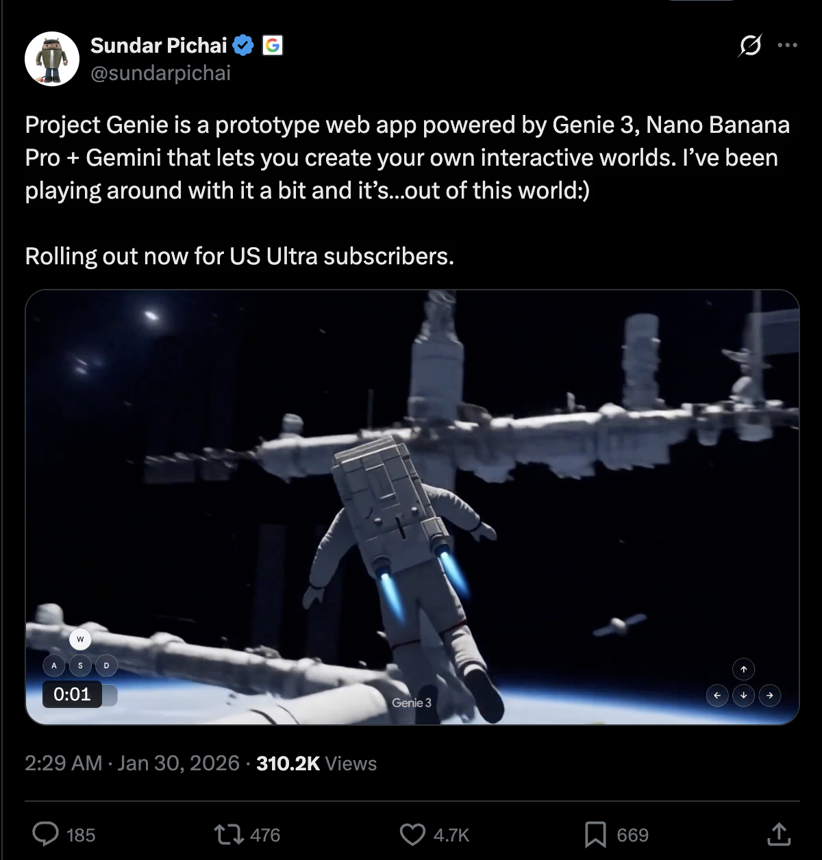 Google CEo Sundar Pichai announces Project Genie on X