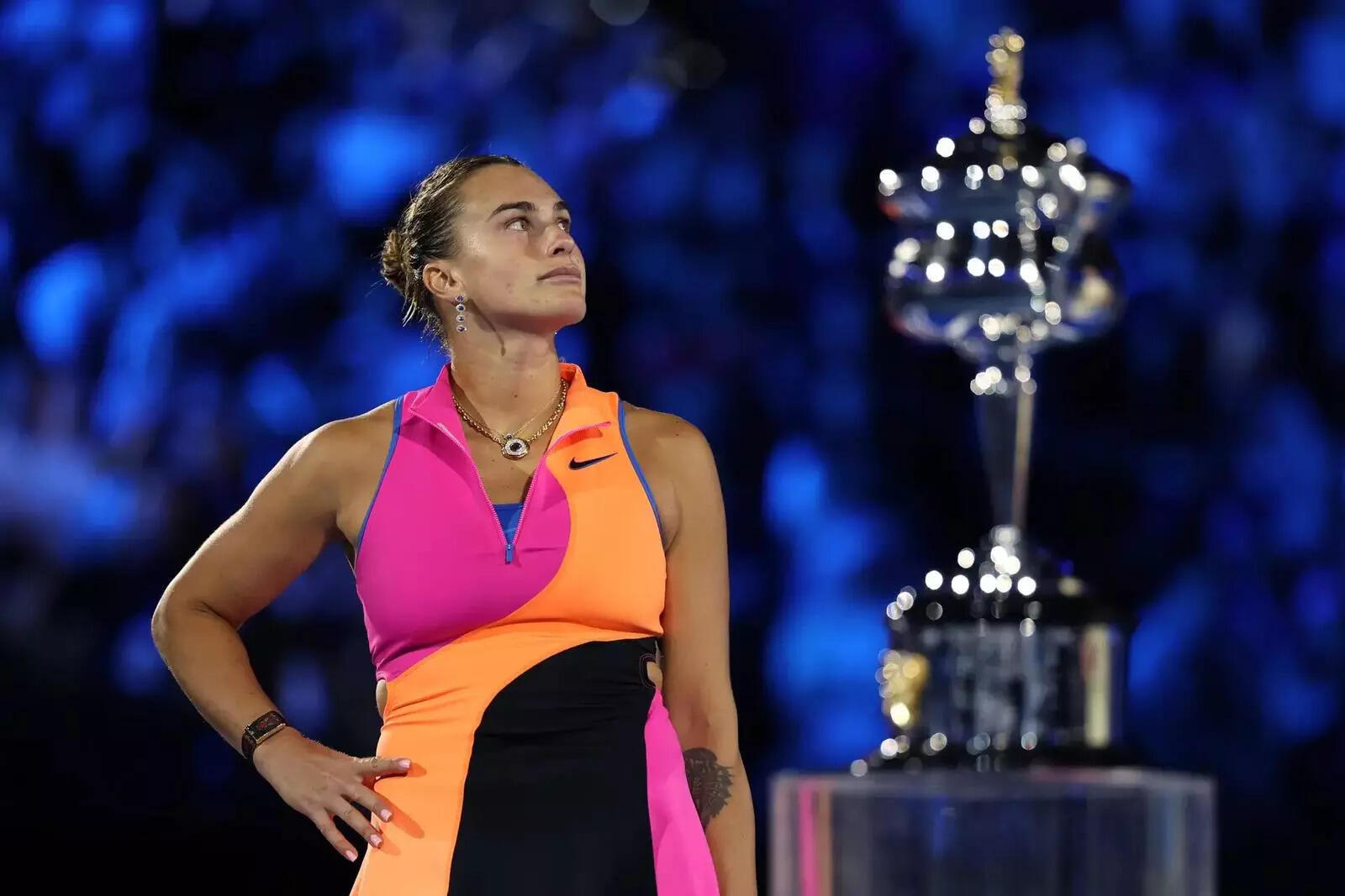 Runner-up Aryna Sabalenka is seen at the presentation ceremony after her defeat in the Women's Singles Final against Elena Rybakina on January 31, 2026 in Melbourne, Australia