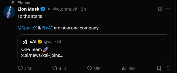 எலோன் மஸ்க் 'ஸ்பேஸ்எக்ஸ் மற்றும் எக்ஸ்ஏஐ இப்போது ஒரு நிறுவனம்' என்பதை உறுதிப்படுத்துகிறார்