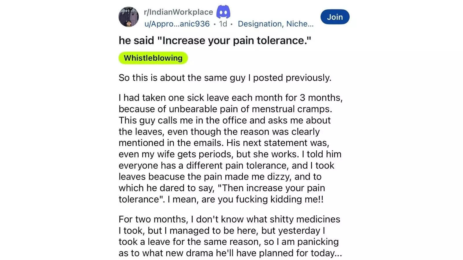 Woman quits job after manager mocks menstruation, says “then increase your pain tolerance”