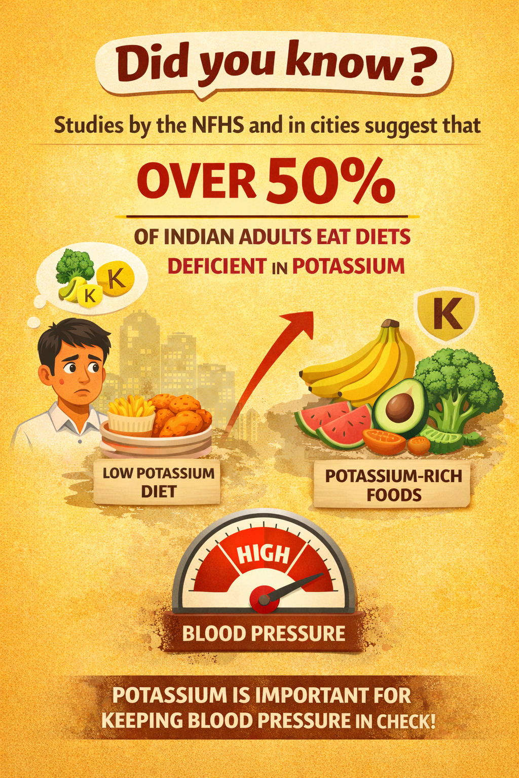 Did you know? Studies by the NFHS and in cities suggest that more than half of Indian adults eat diets deficient in potassium, which is an important mineral for keeping blood pressure in check