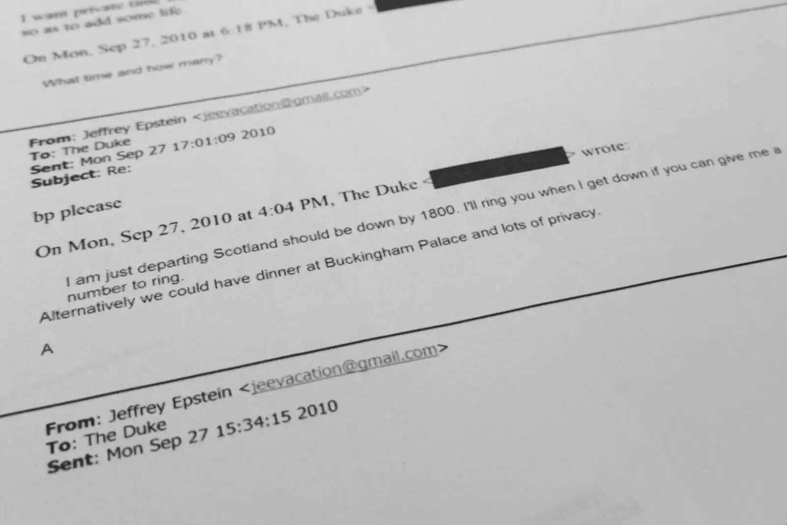 A document showing an email exchange between Jeffrey Epstein and Andrew Mountbatten-Windsor, formerly known as Prince Andrew, and who Epstein referred to as 'The Duke'