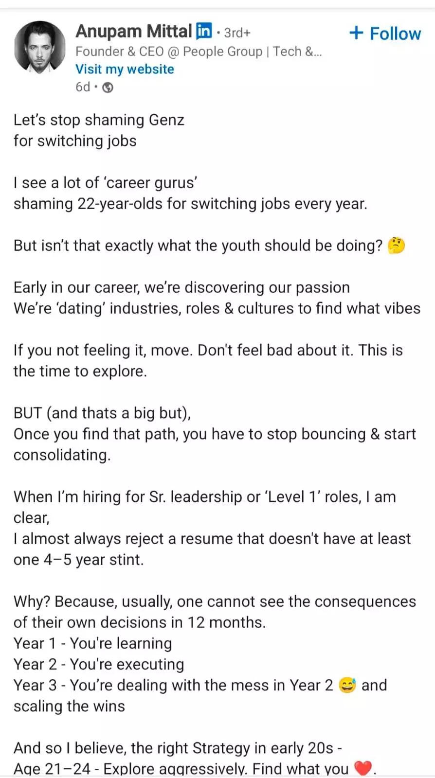 Anupam Mittal's LinkedIn post