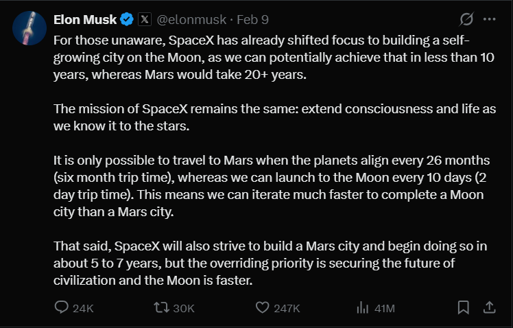 எலோன் மஸ்க்கின் ஸ்பேஸ்எக்ஸ், சுயமாக வளரும் நிலவு நகரத்தை உருவாக்குவதில் கவனம் செலுத்துகிறது