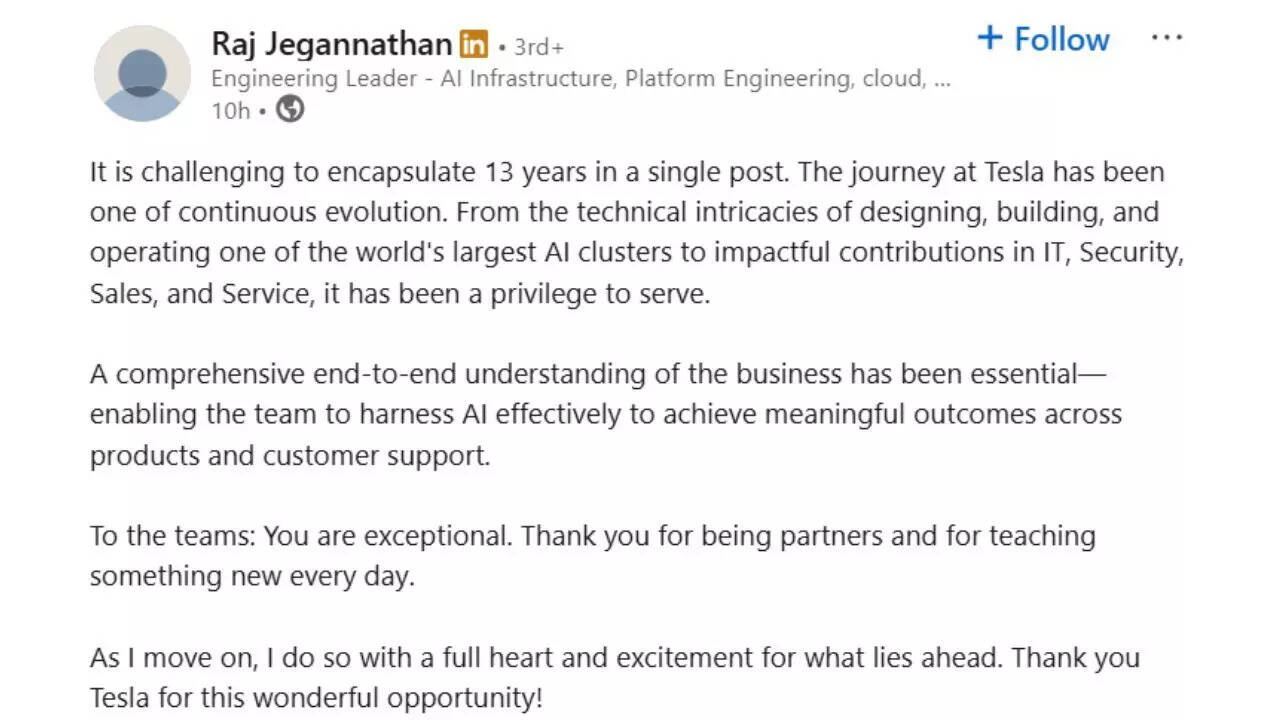 Tesla Vice President Raj Jegannathan’s LinkedIn exit after 13 years