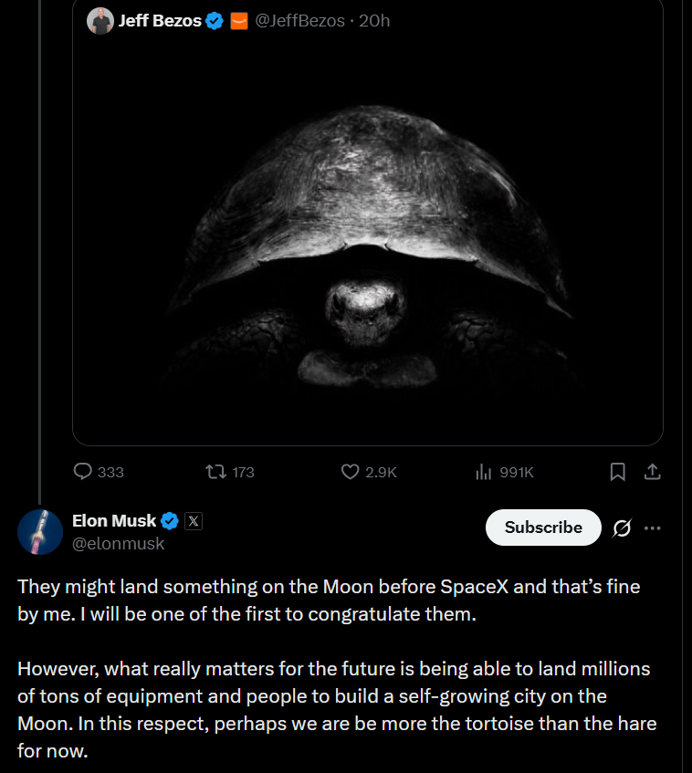 Musk’s reply mocked the image but also amplified it, pulling Blue Origin back into public view.
