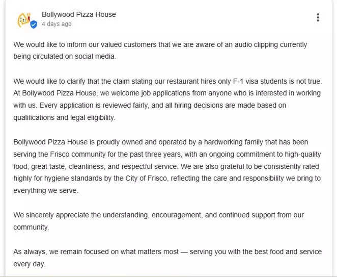 Bollywood Pizza House already issued a statement denying the allegations of only hiring F-1 students.