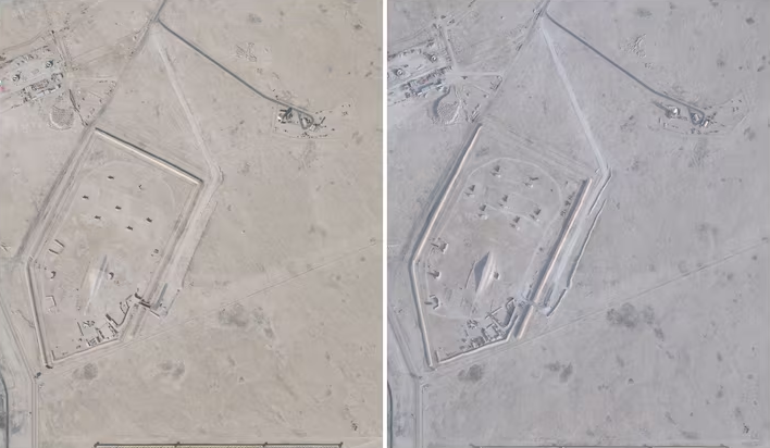 A composite of satellite images shows the placement of MIM-104 Patriot air defence systems at Al-Udeid Air Base near Doha, Qatar, comparing January 17, 2026, with February 1, 2026 (Image: Reuters)