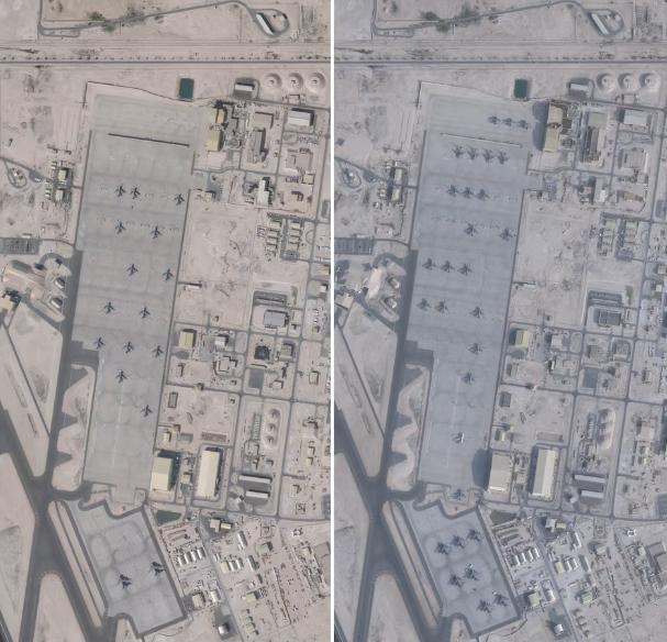 A composite of satellite images shows an increase in aircraft at Al-Udeid Air Base near Doha, Qatar, comparing January 17, 2026, with February 1, 2026. (Image: Reuters)