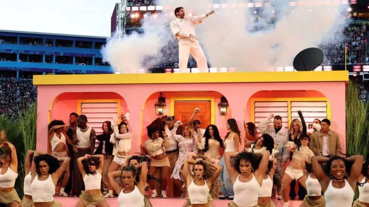 Bad Bunny performing at the Super Bowl LX Halftime Show