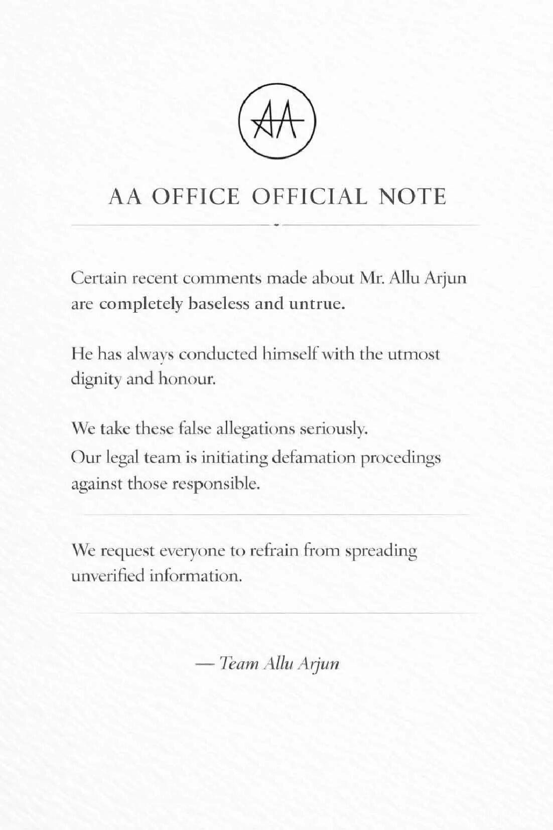 Allu Arjun's team statement