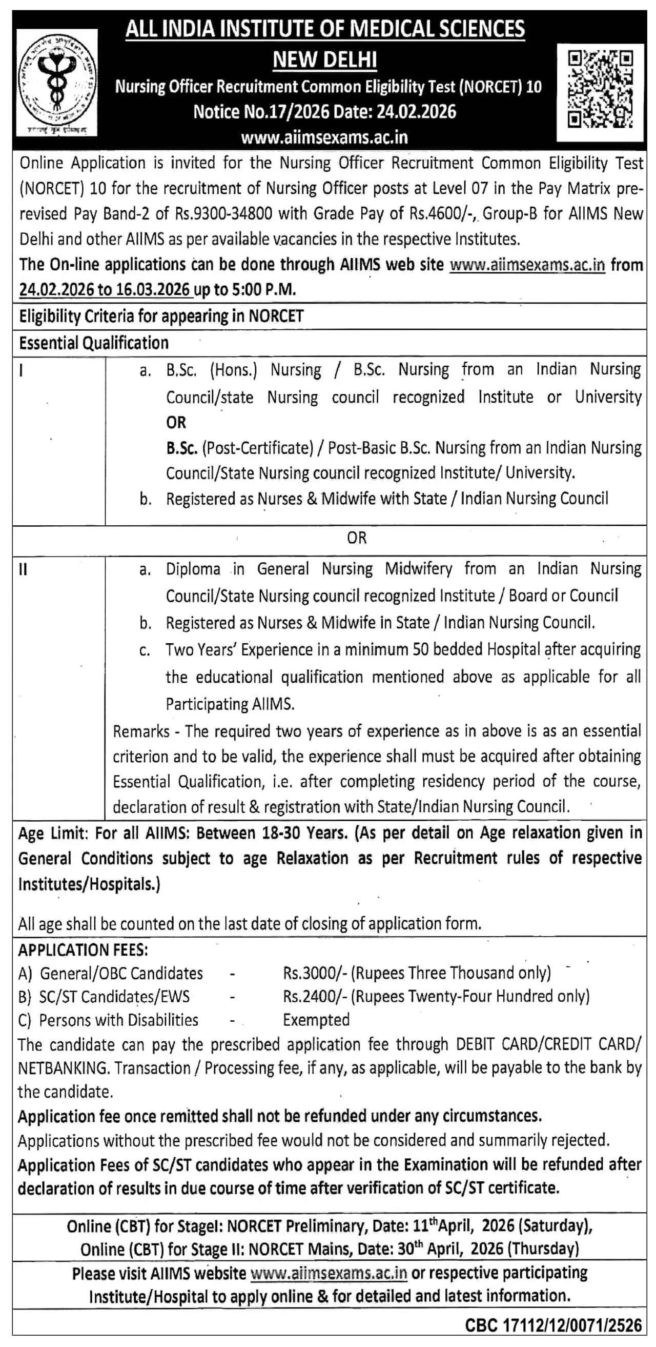 ​AIIMS NORCET 10 2026: Apply Online For 3000+ Nursing Officer Vacancies​