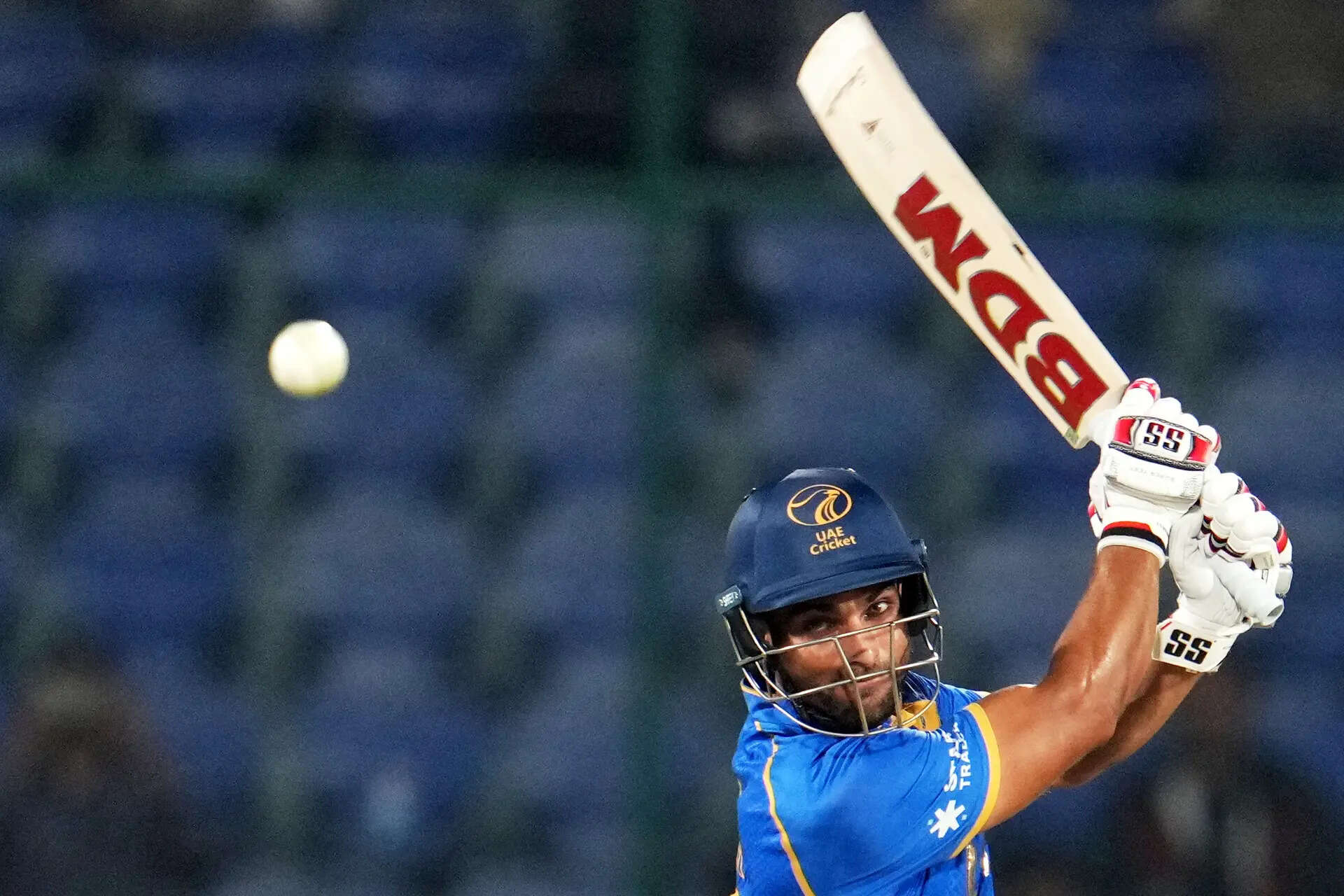 United Arab Emirates' Sohaib Khan hits a boundary (AP Photo/Manish Swarup) Canada United Arab Emirates T20 WCup Cricket