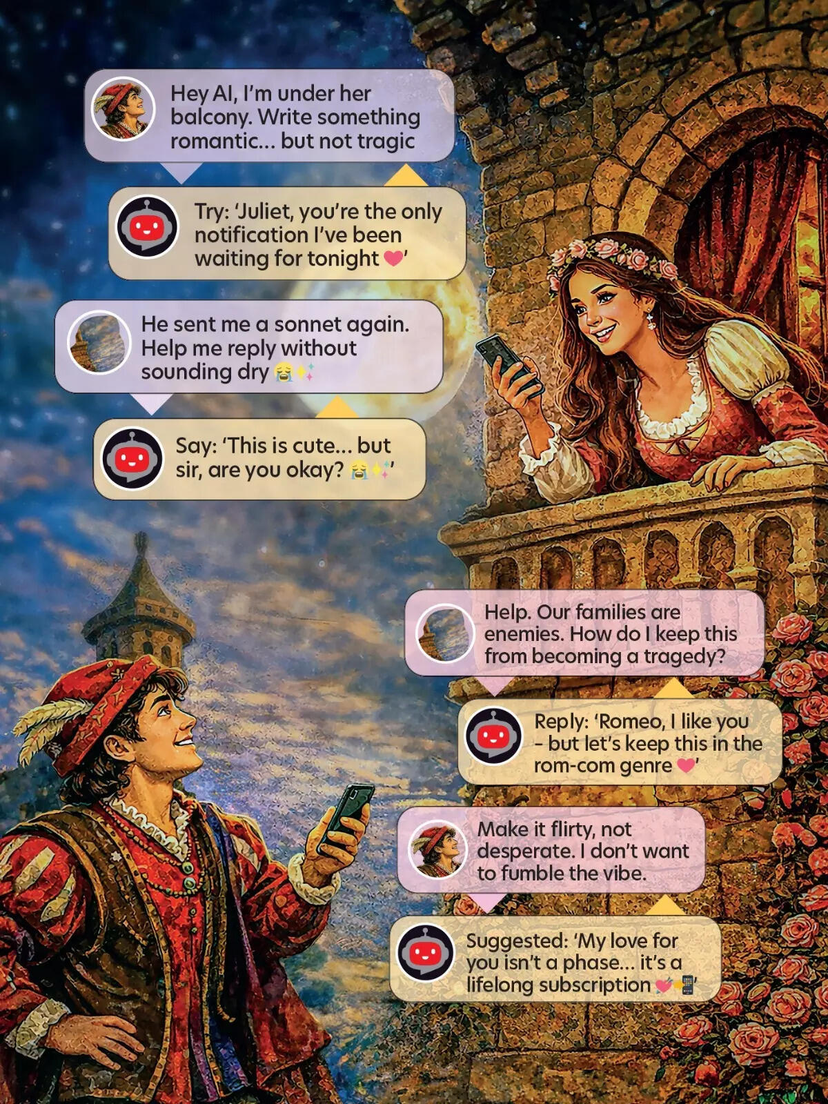Romeo and Juliet, reimagined for the Al age - where balcony speeches are replaced by LLM prompted texts and Cupid has been upgraded to a chatbot Writing love letters with AI